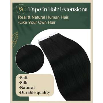 Ugeat 18 Inch Jet Black Tape in Hair Extensions - Invisible, Comfortable, 20 pcs