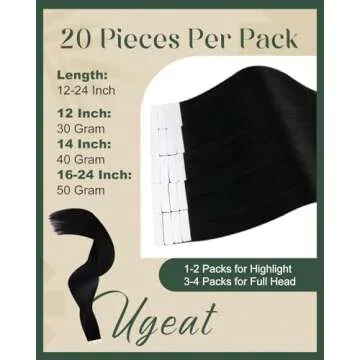 Ugeat 18 Inch Black Tape in Hair Extensions for Women