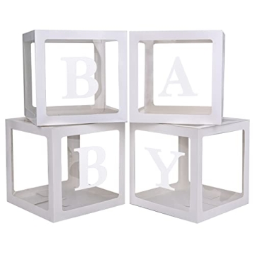 PABUES Baby Boxes with 4 PCS Letters for Baby Shower White Clear Balloon Box Blocks Gender Reveal De...