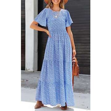 PRETTYGARDEN Women's 2025 Summer Casual Flutter Short Sleeve Boho Floral Maxi Dress Crew Neck Smocke...