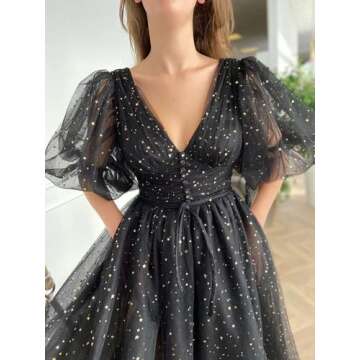 Elegant Puffy Sleeve Prom Dress with Pockets | Sparkle Starry Tulle