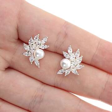 YMIMIWIWI-Diamond and Pearl Stud Earrings - Elegant Floral Design for Weddings