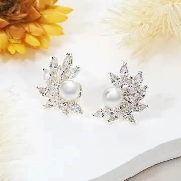 YMIMIWIWI Diamond & Pearl Stud Earrings for Women