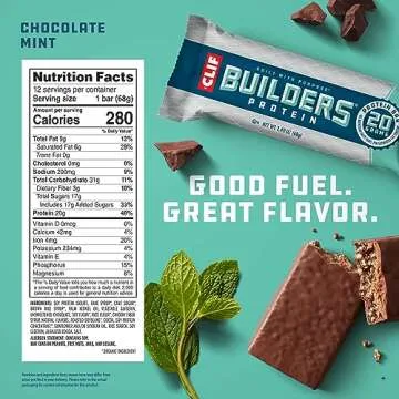CLIF Builders - Chocolate Mint Flavor - Plant Based Protein Bars - Gluten Free - Non-GMO - Low Glycemic - 20g Protein - 2.4 oz. (12 Pack)
