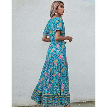 R.Vivimos Womens Summer Floral Print Cotton Short Sleeve Flowy Dress (Small, Green)