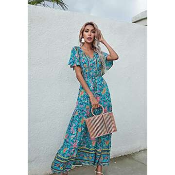 R.Vivimos Womens Summer Floral Print Cotton Short Sleeve Flowy Dress (Small, Green)