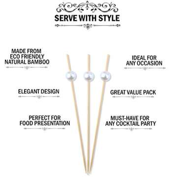 Bamboo Cocktail Picks Skewers Toothpicks - (Pack of 120) 4.75 Inch White Pearl Wooden Frill Tooth Picks for Appetizer Martini Food Garnish Cocktail Sandwich Fruit Kabobs – Catering Weddings Decorative
