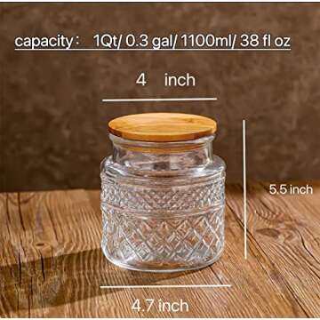 Prettidecor Glass Storage Jar, 38 FL OZ, Food Canisters with Bamboo Lid, Kitchen Containers Decorative Airtight Glass Jars For Cereal Nuts Snack Candy Cookies Coffee Tea