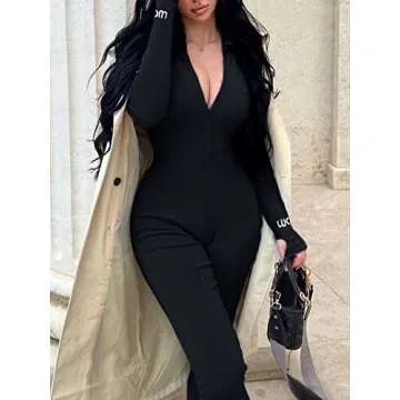 Glamaker Women's One Piece Zip Up Bodycon Jumpsuit Sexy Long Sleeve Turtleneck Onesies Rompers Playsuit Clubwear