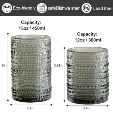 ZMOWIPDL Vintage Glassware Drinking Glasses Set of 12,Grey 12oz & 15oz Hobnail Glass Cups,Embossed Water Tumbler,for Beer,Cocktail,Whiskey,Juice and Various Mixed Drinks- 1 Cleaning Brush
