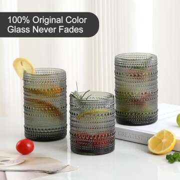 ZMOWIPDL Vintage Glassware Drinking Glasses Set of 12,Grey 12oz & 15oz Hobnail Glass Cups,Embossed Water Tumbler,for Beer,Cocktail,Whiskey,Juice and Various Mixed Drinks- 1 Cleaning Brush