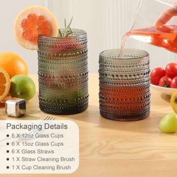 ZMOWIPDL Vintage Glassware Drinking Glasses Set of 12,Grey 12oz & 15oz Hobnail Glass Cups,Embossed Water Tumbler,for Beer,Cocktail,Whiskey,Juice and Various Mixed Drinks- 1 Cleaning Brush