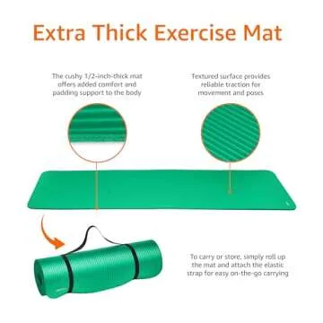 Amazon Basics Extra Thick Exercise Yoga Gym Floor Mat with Carrying Strap, 74 x 24 x .5 Inches, Green