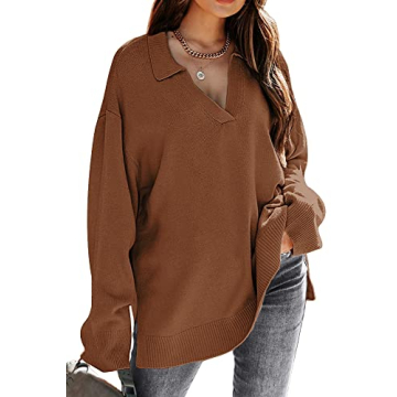 LILLUSORY Oversized Sweaters for Women 2024 Fall Trendy Sexy V Neck Collared Tunic Chunky Knit Sweat...