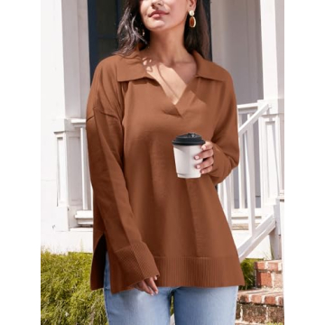 LILLUSORY Oversized Sweaters for Women 2024 Fall Trendy Sexy V Neck Collared Tunic Chunky Knit Sweater Dress Long Sleeve Pullover Top Winter Outfits Cute Clothes Brown S