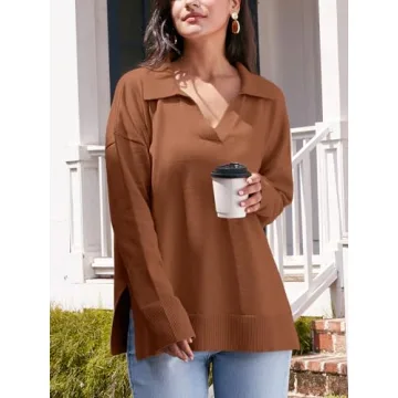 LILLUSORY Oversized Sweaters for Women 2024 Fall Trendy Sexy V Neck Collared Tunic Chunky Knit Sweater Dress Long Sleeve Pullover Top Winter Outfits Cute Clothes Brown S