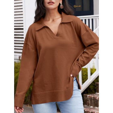 LILLUSORY Oversized Sweaters for Women 2024 Fall Trendy Sexy V Neck Collared Tunic Chunky Knit Sweater Dress Long Sleeve Pullover Top Winter Outfits Cute Clothes Brown S