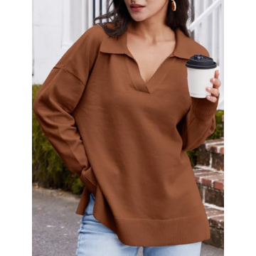 LILLUSORY Oversized Sweaters for Women 2024 Fall Trendy Sexy V Neck Collared Tunic Chunky Knit Sweater Dress Long Sleeve Pullover Top Winter Outfits Cute Clothes Brown S