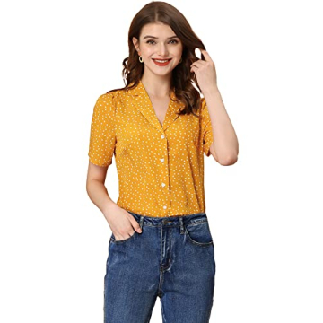 Allegra K Women's Polka Dots V Neck Short Sleeve Blouse - Vintage Charm in Yellow