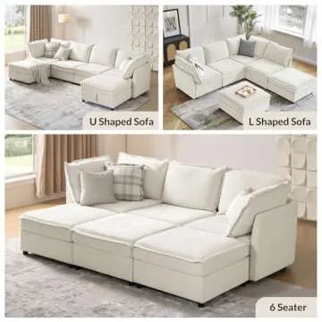 HULALA HOME 127'' Modular Sectional Sofa, Oversized U Shaped Couch with Storage Ottoman, Extra Deep Seat, Modern Comfy Chenille Sofa with Chaise, 6 Seat Convertible Couches for Living Room, White