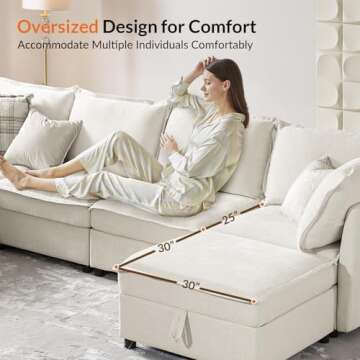 HULALA HOME 127'' Modular Sectional Sofa, Oversized U Shaped Couch with Storage Ottoman, Extra Deep Seat, Modern Comfy Chenille Sofa with Chaise, 6 Seat Convertible Couches for Living Room, White