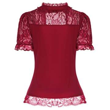 Victorian Shirts for Women Short Lace Sleeve Blouse Slim Fit Tops XL Red