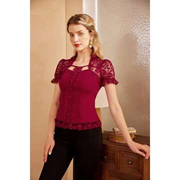 Victorian Shirts for Women Short Lace Sleeve Blouse Slim Fit Tops XL Red
