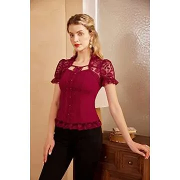 Victorian Shirts for Women Short Lace Sleeve Blouse Slim Fit Tops XL Red