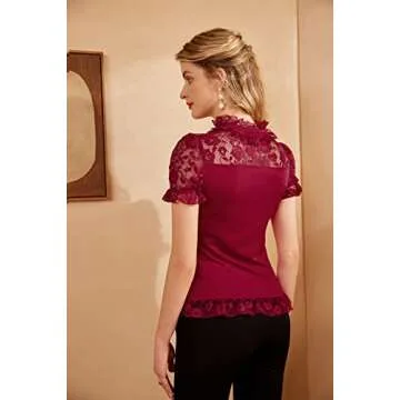 Victorian Shirts for Women Short Lace Sleeve Blouse Slim Fit Tops XL Red