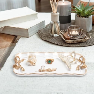 Vintage Decorative Tray Jewelry Tray Towel Tray Storage Tray Rings Necklace Bracelets Earrings Trays Cosmetics Jewelry Organizer Retro Design Bow Decor Resin Plate Coquette Room Decor (White)