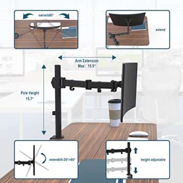 Gibbon Mounts Single Monitor Desk Mount, Fully Adjustable Monitor Arm Stand Fit 1 Screen up to 27 Inch with VESA 75X75 and 100X100, 17.6 lbs Capacity, C-Clamp Base