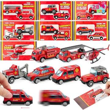 JOYIN 28 Packs Valentines Day Cards with DieCast Fire Rescue Vehicles Toys for Kids Valentine Party ...