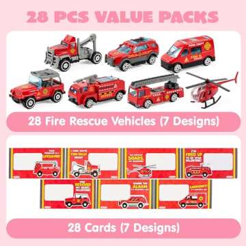 JOYIN 28 Packs Valentines Day Cards with DieCast Fire Rescue Vehicles Toys for Kids Valentine Party Favor, Classroom Exchange Prize and Gifts for Boys, Valentine’s Greeting Cards