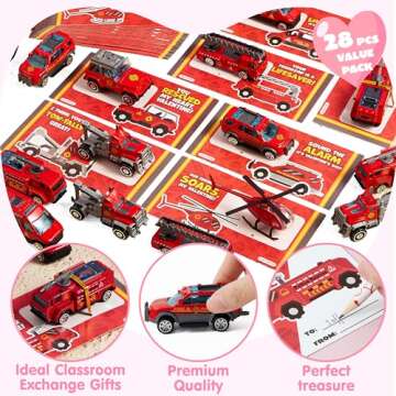 JOYIN 28 Packs Valentines Day Cards with DieCast Fire Rescue Vehicles Toys for Kids Valentine Party Favor, Classroom Exchange Prize and Gifts for Boys, Valentine’s Greeting Cards