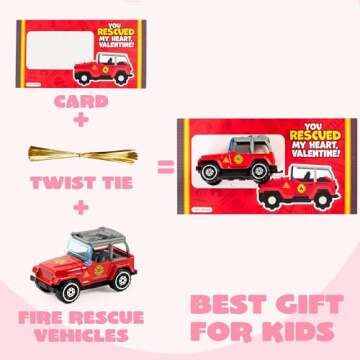 JOYIN 28 Packs Valentines Day Cards with DieCast Fire Rescue Vehicles Toys for Kids Valentine Party Favor, Classroom Exchange Prize and Gifts for Boys, Valentine’s Greeting Cards