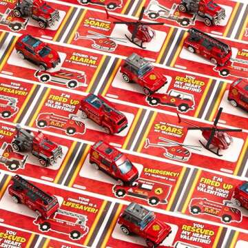 JOYIN 28 Packs Valentines Day Cards with DieCast Fire Rescue Vehicles Toys for Kids Valentine Party Favor, Classroom Exchange Prize and Gifts for Boys, Valentine’s Greeting Cards