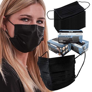 TCP Global Salon World Safety - Black Face Masks 3 Boxes (150 Masks) Breathable Disposable 3-Ply Pro...