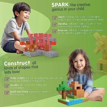 BrainSpark 100PCS Magnetic Pixel Cubes World Pack Edition Magnet Building Blocks STEM Montessori Stacking Toys for Toddlers Construction Toy Fidget Boys Girls Ages 3-9
