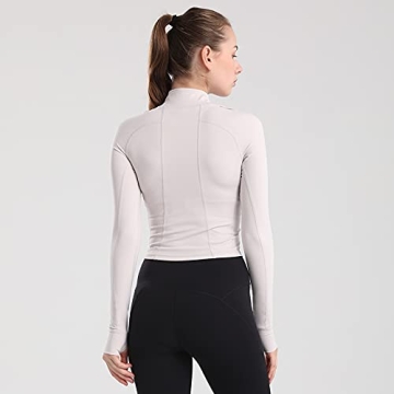 ZHENWEI Women's Crop Sports Jacket with Thumb Holes Ivory Grey