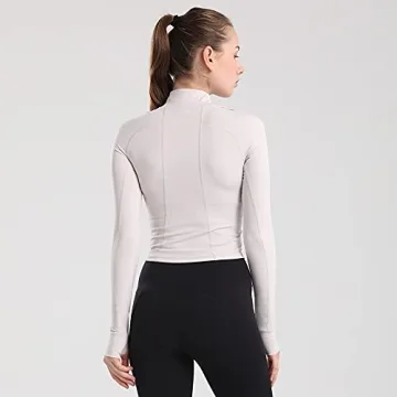 ZHENWEI Women's Crop Sports Jacket with Thumb Holes Ivory Grey