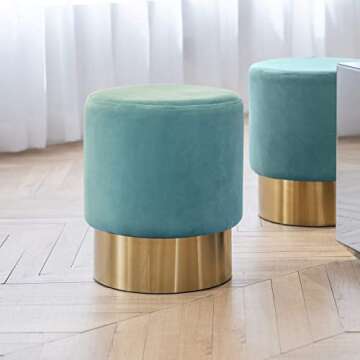 Elegant Small Round Velvet Ottoman with Golden Base