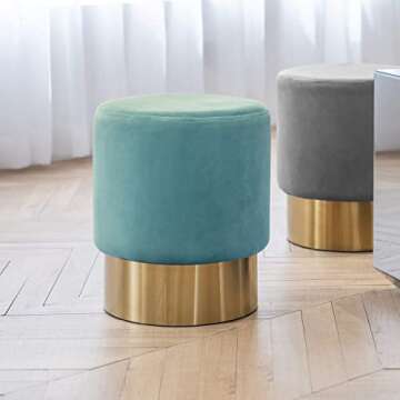 Elegant Small Round Velvet Ottoman with Golden Base