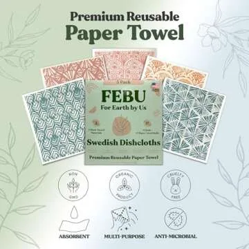 FEBU Swedish Dishcloths for Kitchen | 5 Pack Stamps Reusable Paper Towels Washable | Swedish Dish Towels | Non-Scratch Cellulose Sponge Cloths | No Odor, Biodegradable Cleaning Cloths