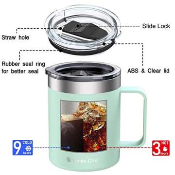 Umite Chef Stainless Steel Insulated Coffee Mug Tumbler with Handle, 12 oz Double Wall Vacuum Tumbler Cup with Lid Insulated Camping Tea Flask for Hot & Cold Drinks