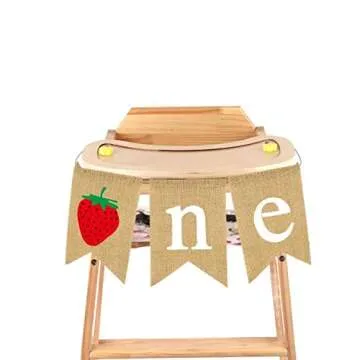 Burlap Strawberry One Banner Rustic Jute Baby Girl 1st Birthday Party Highchair Bunting Garland Decoration