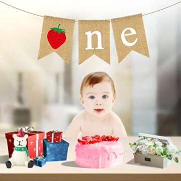 Burlap Strawberry One Banner Rustic Jute Baby Girl 1st Birthday Party Highchair Bunting Garland Decoration