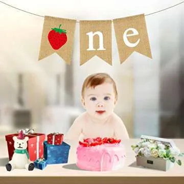 Burlap Strawberry One Banner Rustic Jute Baby Girl 1st Birthday Party Highchair Bunting Garland Decoration