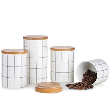 Kitchen Canisters Sets for Kitchen Counter, BEYONDA 4 PCS Flour and Sugar Containers, Ceramic Jars with Airtight Bamboo Lid, Heat & Cold Resistant Portable For Coffee, Sugar, Tea Storage Containers