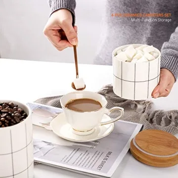 Kitchen Canisters Sets for Kitchen Counter, BEYONDA 4 PCS Flour and Sugar Containers, Ceramic Jars with Airtight Bamboo Lid, Heat & Cold Resistant Portable For Coffee, Sugar, Tea Storage Containers