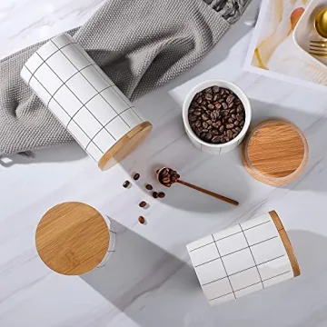 Kitchen Canisters Sets for Kitchen Counter, BEYONDA 4 PCS Flour and Sugar Containers, Ceramic Jars with Airtight Bamboo Lid, Heat & Cold Resistant Portable For Coffee, Sugar, Tea Storage Containers